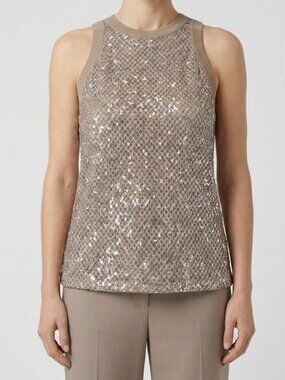 Brunello Cucinelli Women's Beige Sequins Crewneck Sleeveless Tank Top Size M